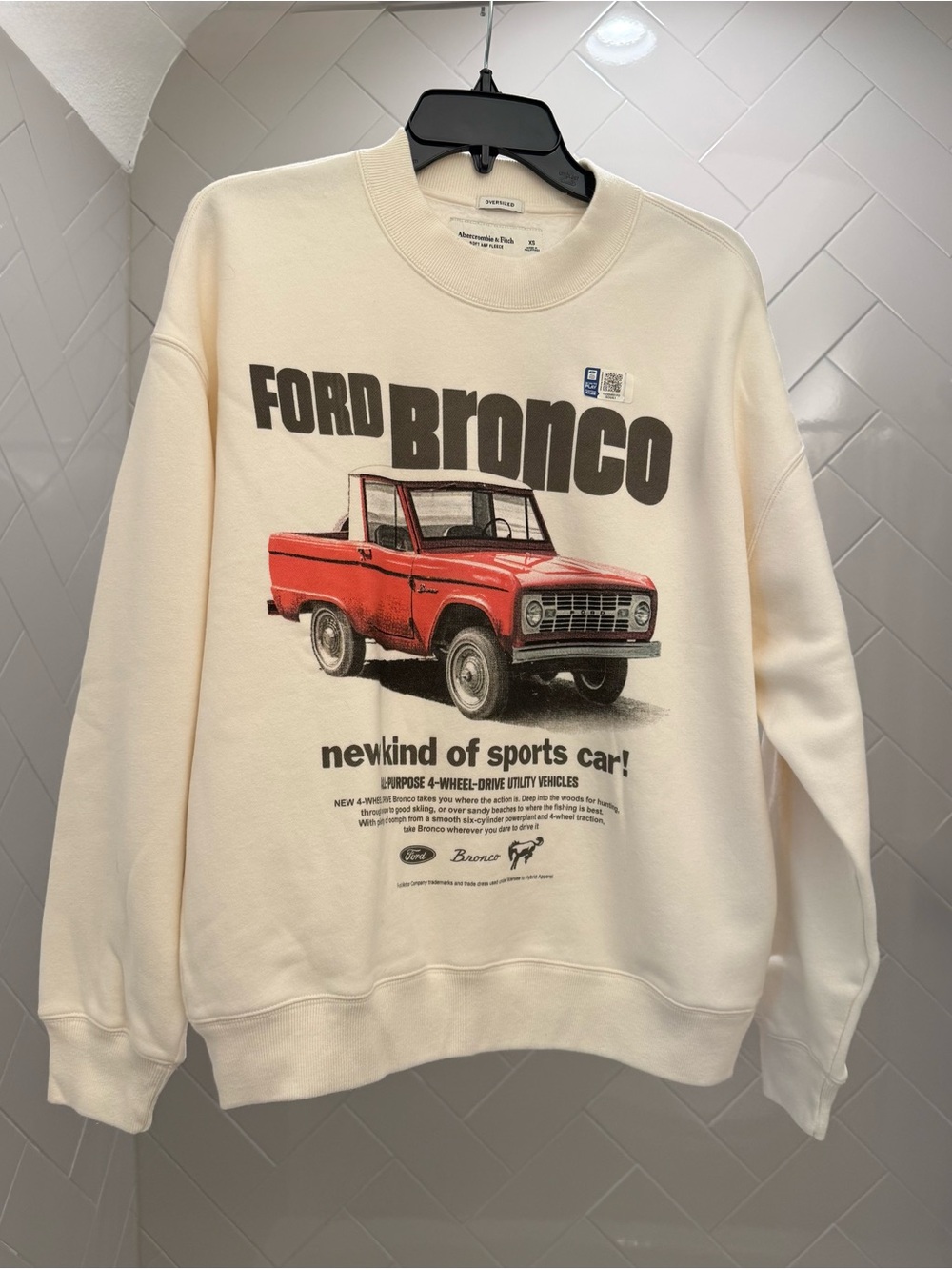 Abercrombie & Fitch Cream Crewneck Sweatshirt with Red Ford Bronco Graphic